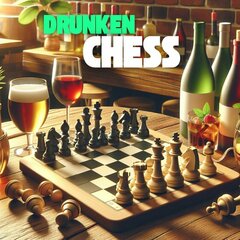 Table with chess board and multiple bottles of wine and glasses
