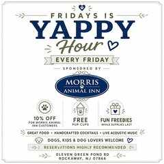 FRIDAYS IS
YAPPY
Hour
> EVERY FRIDAY
- SPONSORED BY —
MORRIS
ANIMAL INN
10% OFF
FOR MORRIS ANIMAL
INN CUSTOMERS
FREE
PUP CUPS
FUN FREEBIES
WHILE SUPPLIES LAST
GREAT FOOD • HANDCRAFTED COCKTAILS • LIVE ACOUSTIC MUSIC
DOGS, KIDS & DOG LOVERS WELCOME RESERVATIONS HIGHLY RECOMMENDED
ELEVEN GREEN POND RD
ROCKAWAY, NJ 07866