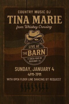 COUNTRY MUSIC DJ
TINA MARIE
from Whiskey Crossing

LIVE AT
THE BARN

11 GREEN POND RD
ROCKAWAY, NJ

SUNDAY, JANUARY 4
4PM &ndash; 7PM

WITH OPEN FLOOR LINE DANCING BY REQUEST