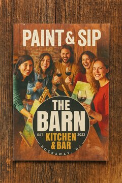 PAINT & SIP. THE BARN KITCHEN AND BAR LOGO. EST 2023. ROCKAWAY NJ
