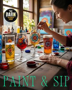 lady painting wine and beer glass on table in studio. the barn logo. painting and sip written on bottom.