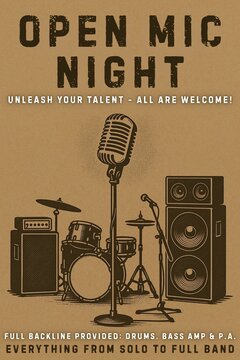 open mic night. unleash your talent. all are welcome! full backline provided. drums, bass amp, & pa. everything from solo to full band.