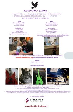 "Blackbird Rising" Benefit Concert Event in honor of Gabriel Blackbird Emering who passed away on 12/12/2024. All proceeds will be going to The Epilepsy Foundation of America and to the Art and Stem Programs at Copeland Middle School.

12:00 - 12:15 Introductions and Announcements by Greg Atkinson
12:15 - 1:15 John Murphy Solo Acoustic
1:45 - 2:45 Stage Fright Band
3:15 - 4:30 Springwoods Electric Luau
4:30 - 5:00 Raffles, Guitar Auction, Closing