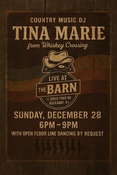 COUNTRY MUSIC. TINA MARIE FROM WHISKEY CROSSING. LIVE AT THE BARN. 11 GREEN POND RD, ROCKAWAY, NJ, WITH OPEN FLOOR LINE DANCING BY REQUEST.