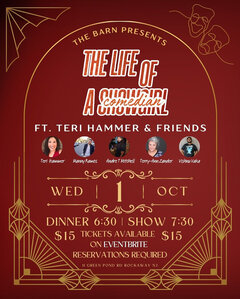 THE BARN PRESENTS " THE LIFE OF A SHOWGIRL". FT. TERI HAMMER & FRIENDS. Teri Hammer and special guests Andre Mitchell, Vishnu Vaka, Manny Ramos, & Terry-Ann Zander. WED. OCT 1. DINNER 6:30PM - SHOW 7:30PM. $15 TICKETS AVAILABLE ON EVENTBRITE RESERVATIONS REQUIRED. 11 GREEN POND ROAD. ROCKAWAY. NJ 07086