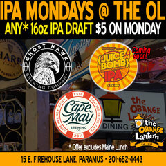 Join us at The Orange Lantern in Paramus on Mondays for $5 draft IPA pints!!! 🍺 Don't miss out on our seasonal specials! #Paramus #CraftBeer