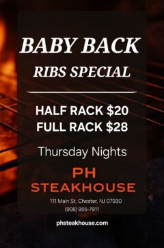Baby Back Ribs Special - Half Rack $20, Full Rack $28. Thursday Nights.