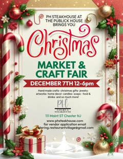 PH Steakhouse at The Publick House brings you: Christmas Market & Craft Fair. December 7th from 12pm to 6pm. Hand-made crafts- christmas gifts- jewelry-artworks- home decor- candles- soaps - food & drinks- and so much more!