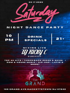 05.17.2025 Saturday Night Dance Party - 10pm, Drink Specials, 21+. Mixing Live DJ Ricky C, top 40 hits, throwback 2000s & 2010s, EDM & House Music, Hip-Hop, Latin & More!